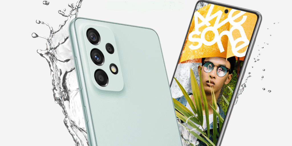 promotional-image-for-the-Samsung-A-Series-Phone-Galaxy-A73-5G-showing-phone-splashed-with-water