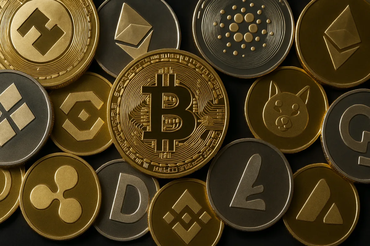 Realistic close-up photograph of multiple cryptocurrency coins with Bitcoin at the center and others including Ethereum, Binance Coin, Ripple, Cardano, Dogecoin, Shiba Inu, Litecoin, Polygon, and more arranged in an elegant scattered layout. Metallic gold and silver finishes on a dark background.