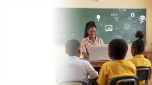Ghanaian teacher using a laptop with students while AI icons appear around educational subjects.