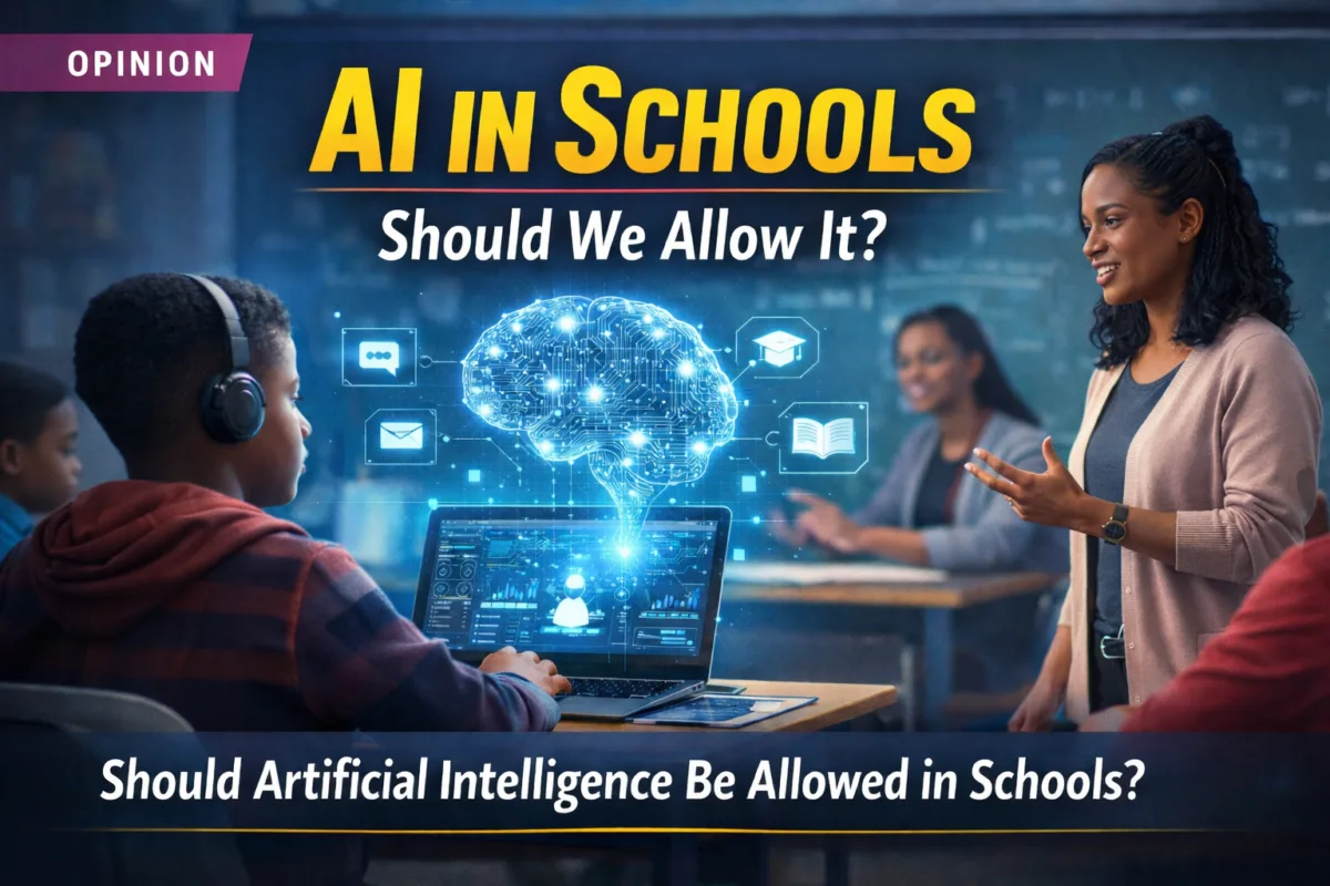 Artificial intelligence in schools debate – students using AI learning tools in classroom