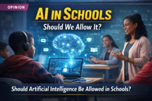 Artificial intelligence in schools debate – students using AI learning tools in classroom