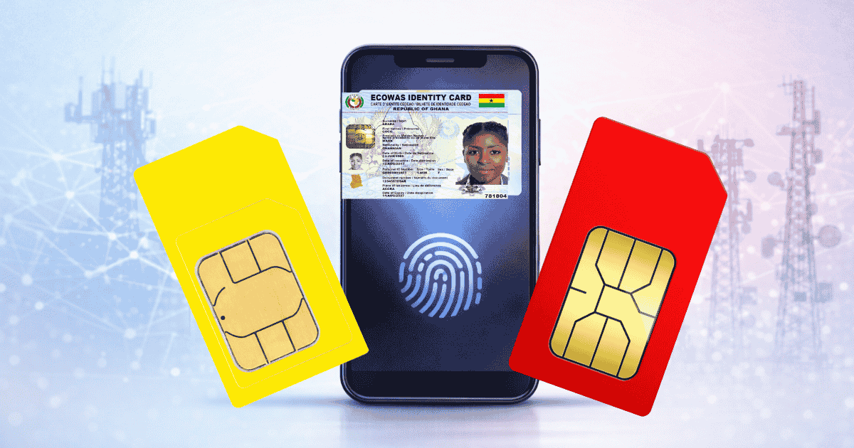 Ghana SIM registration showing Ghana Card, smartphone and SIM cards