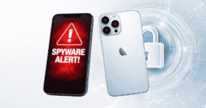 Feature image showing an iPhone with a red spyware alert on the screen beside the back of a silver iPhone on a light cybersecurity background.