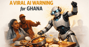 Illustration of a restaurant robot malfunctioning and spilling food as customers react, used to highlight lessons for Ghana on AI safety and robotics in public spaces.