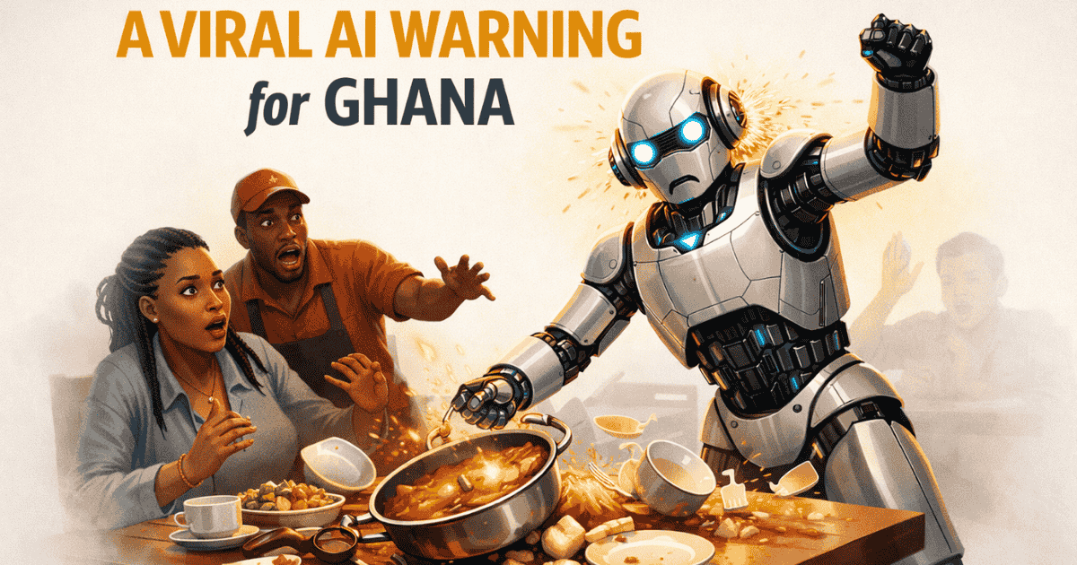 Illustration of a restaurant robot malfunctioning and spilling food as customers react, used to highlight lessons for Ghana on AI safety and robotics in public spaces.