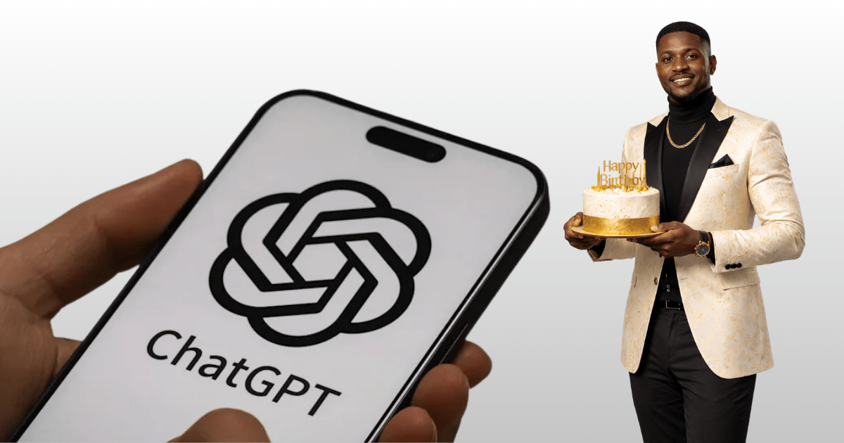 ChatGPT AI photoshoot example showing a full body birthday photoshoot with cake and balloons alongside ChatGPT mobile interface