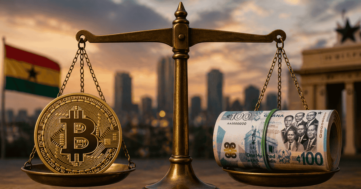 Balance scale showing Bitcoin on one side and rolled Ghana cedi notes on the other side