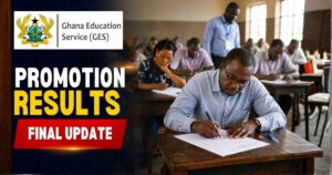 GES Promotion Results 2025 update showing teachers writing promotion exams in exam hall