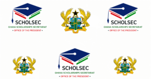 Ghana Scholarships Secretariat SCHOLSEC branded backdrop with repeated logos and Ghana Coat of Arms on white background
