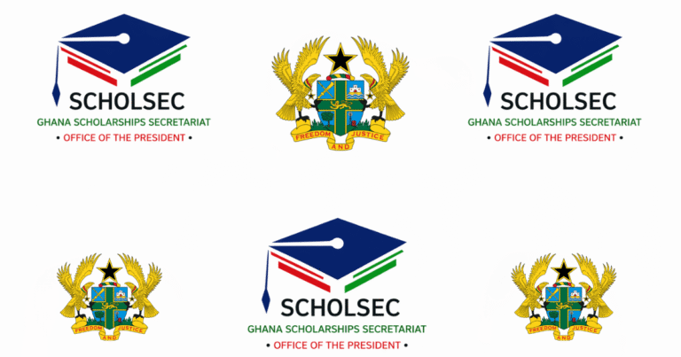 Ghana Scholarships Secretariat SCHOLSEC branded backdrop with repeated logos and Ghana Coat of Arms on white background