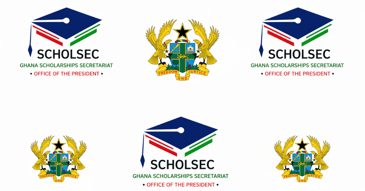 Ghana Scholarships Secretariat SCHOLSEC branded backdrop with repeated logos and Ghana Coat of Arms on white background