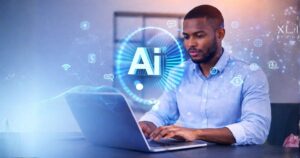 Young African man working on a laptop with futuristic AI interface and digital technology icons