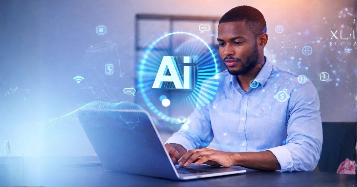 Young African man working on a laptop with futuristic AI interface and digital technology icons