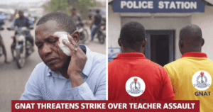 Injured teacher and GNAT members outside police station as GNAT threatens strike over alleged teacher assault in Adenta.
