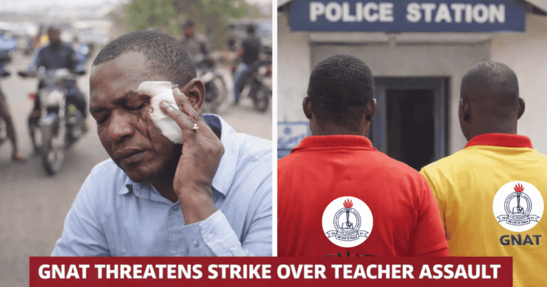 Injured teacher and GNAT members outside police station as GNAT threatens strike over alleged teacher assault in Adenta.