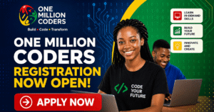 One Million Coders registration now open feature image showing young coders using laptops and apply now button