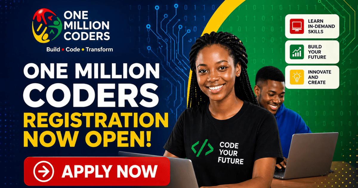 One Million Coders registration now open feature image showing young coders using laptops and apply now button