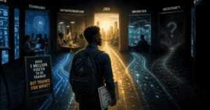 Young Ghanaian graduate in digital training center looking toward uncertain future opportunities