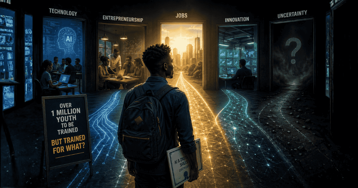 Young Ghanaian graduate in digital training center looking toward uncertain future opportunities