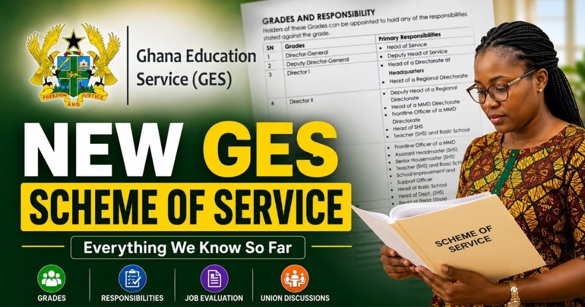 A feature image showing the Ghana Education Service logo, a teacher reviewing a document and a draft Scheme of Service page highlighting grades and responsibilities.