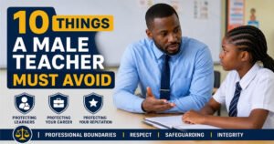 Male teacher speaking with a female learner about professional boundaries and safeguarding