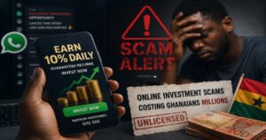 Online investment scam warning showing a Ghanaian man, fake daily returns, WhatsApp promotion and Ghana cedi notes