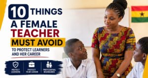 Ghanaian female teacher interacting with male learners while maintaining professional boundaries