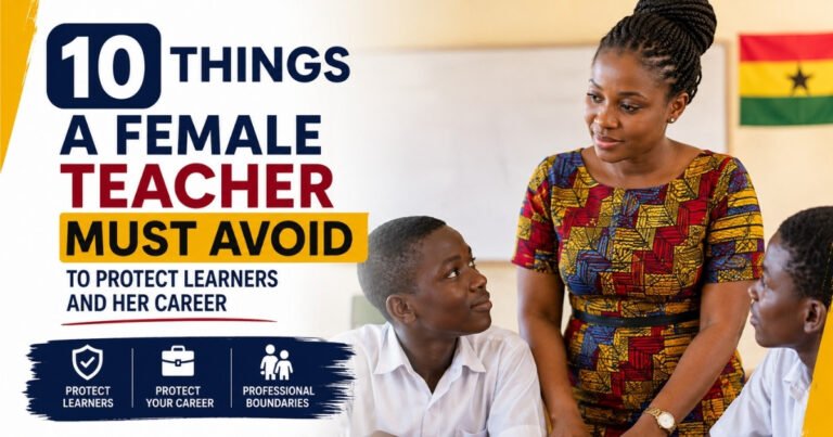 Ghanaian female teacher interacting with male learners while maintaining professional boundaries