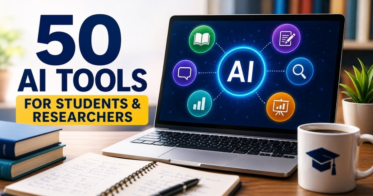 50 AI tools for students and researchers displayed beside a laptop with artificial intelligence icons