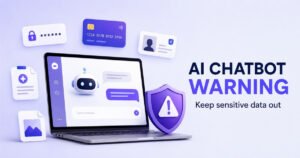 AI chatbot privacy warning showing a laptop, security shield and sensitive personal information icons