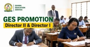 Ghanaian teachers writing a promotion examination in a classroom for a GES Director II and Director I promotion application update.