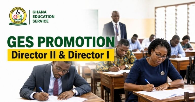 Ghanaian teachers writing a promotion examination in a classroom for a GES Director II and Director I promotion application update.