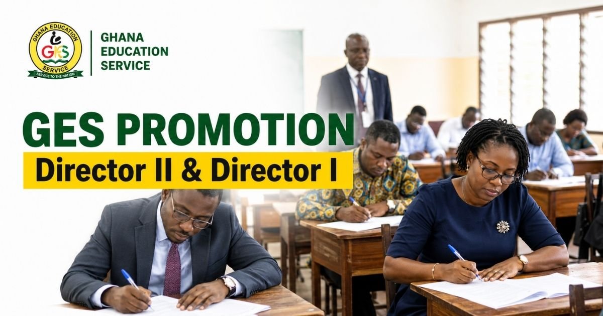 Ghanaian teachers writing a promotion examination in a classroom for a GES Director II and Director I promotion application update.