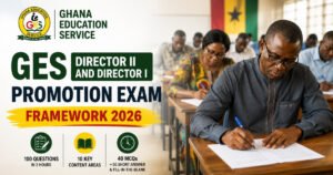 Ghanaian teachers writing a GES promotion examination for Director II and Director I, with key details from the 2026 exam framework.