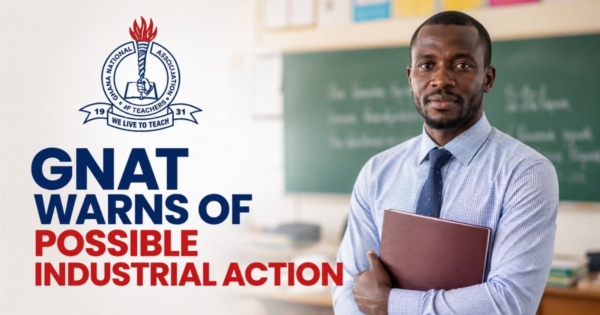 GNAT logo beside a Ghanaian teacher in a classroom for a report on possible industrial action over GES promotion delays and unresolved teacher issues.