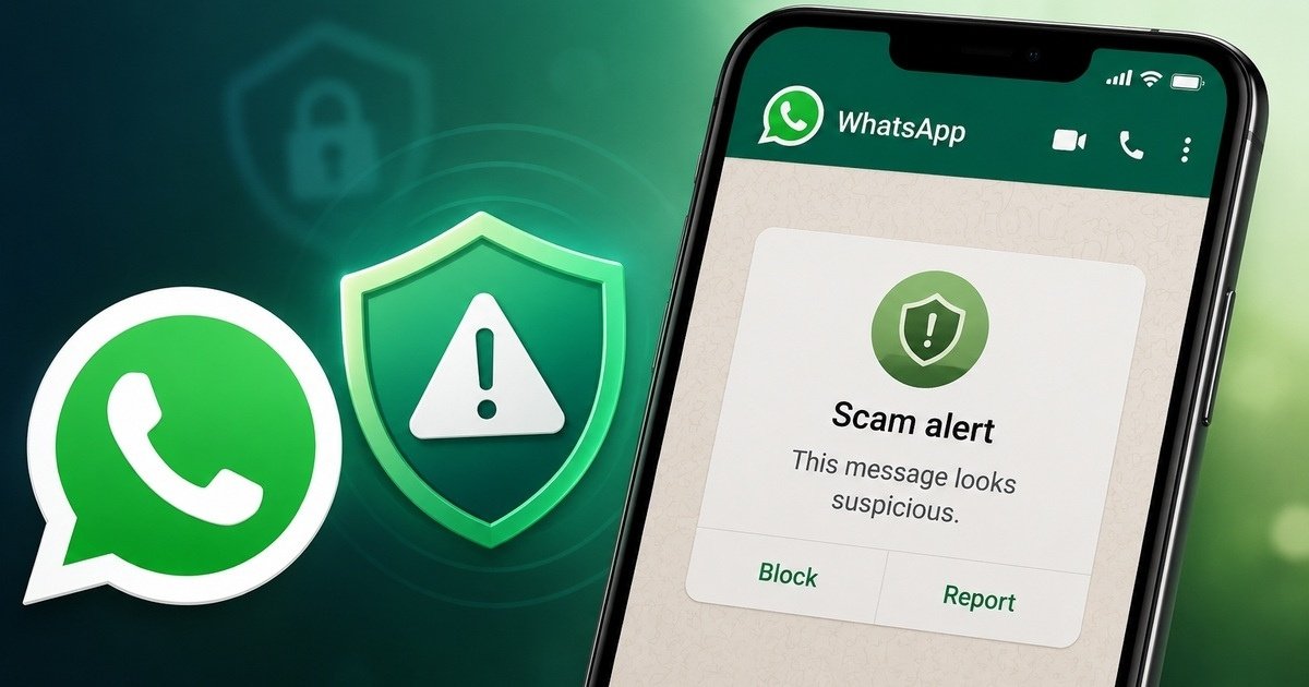WhatsApp Scam Alert warning displayed on a smartphone beside the WhatsApp logo and security shield