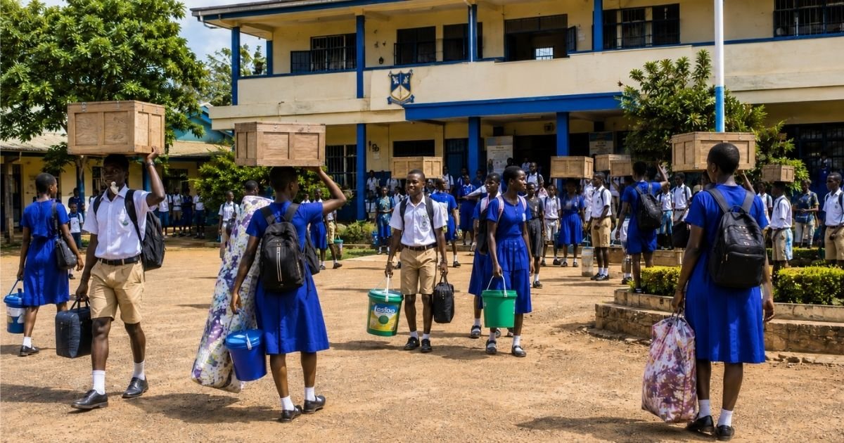 Students arriving at a Ghanaian senior high school campus, carrying wooden chop boxes on their heads, with mattresses, school bags, buckets and other personal belongings.